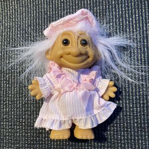Vintage Russ Troll Doll Pastel Pink Hair Pink White Striped Pajamas